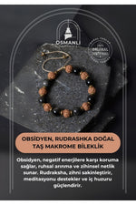 Sertifikalı Obsidyen, Rudrashka Doğal Taş Makrome Bileklik