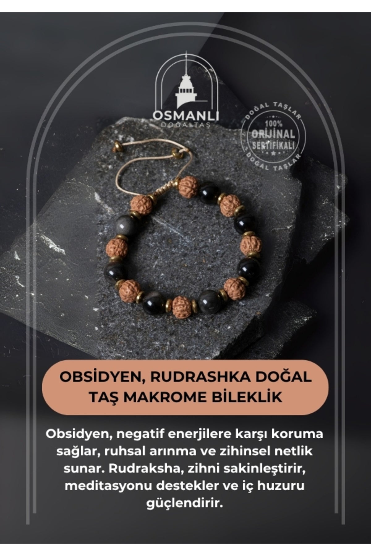Sertifikalı Obsidyen, Rudrashka Doğal Taş Makrome Bileklik