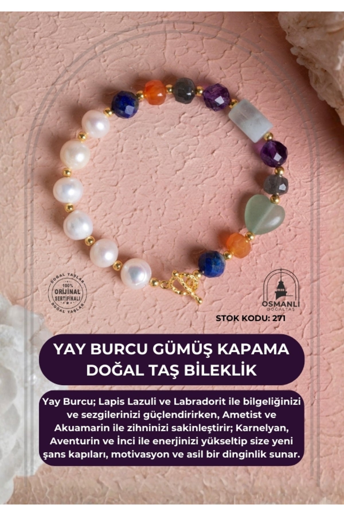 Sertifikalı Yay Burcu Gümüş Kapama Doğal Taş Bileklik (SK:271)