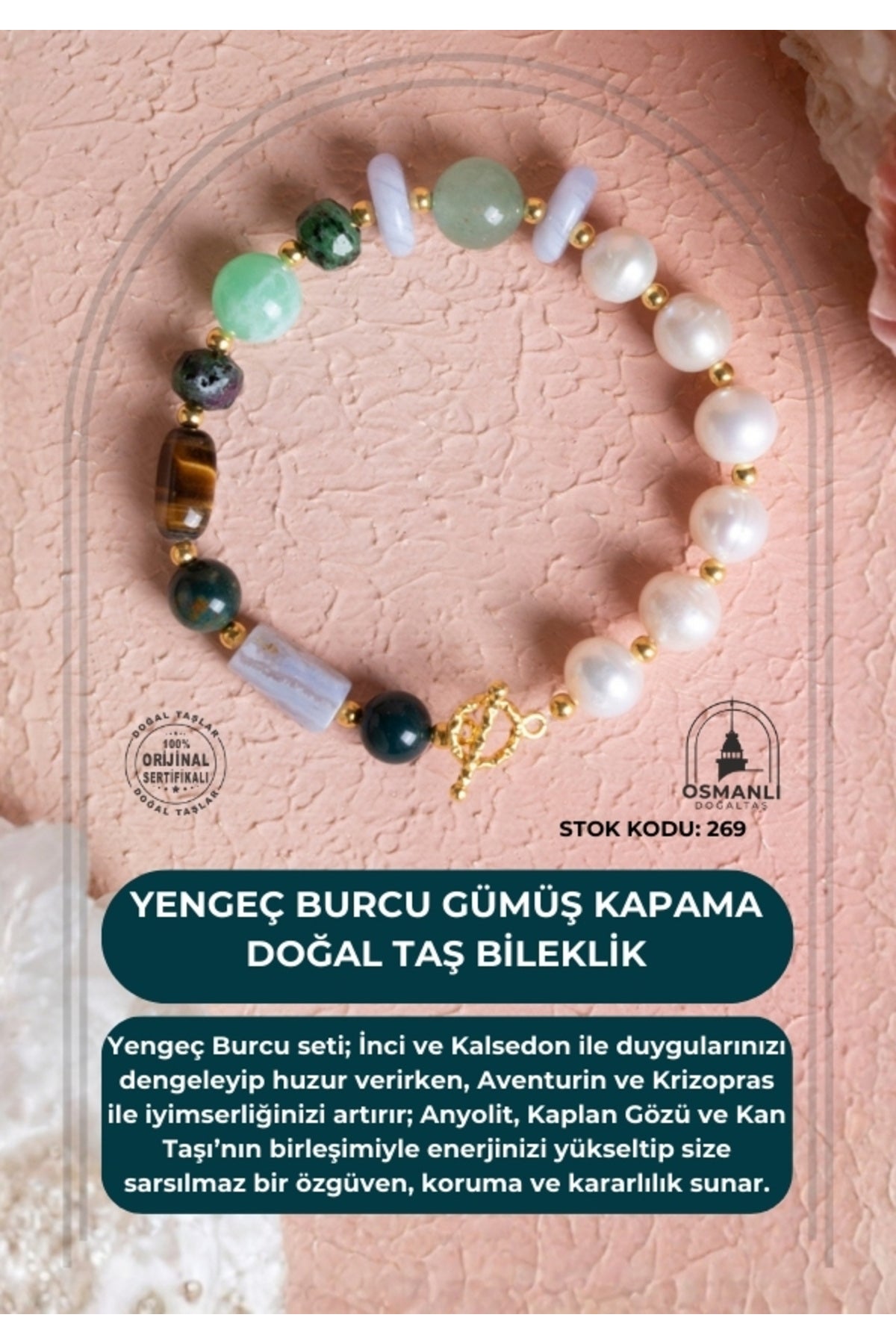 Sertifikalı Yengeç Burcu Gümüş Kapama Doğal Taş Bileklik (SK:269)