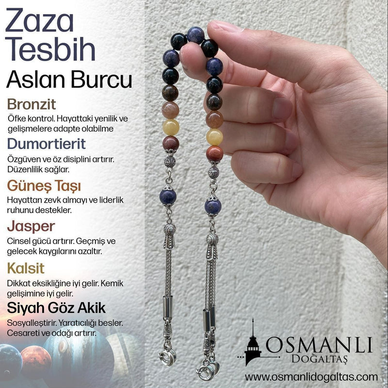 Aslan Burcu Zaza Tesbih Doğal Taş Bronzit, Dumortierit, Güneş Taşı, Jasper, Kalsit, Siyah Göz Akik