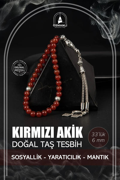 Kırmızı Akik Doğal Taş Tesbih 33lük - 6mm