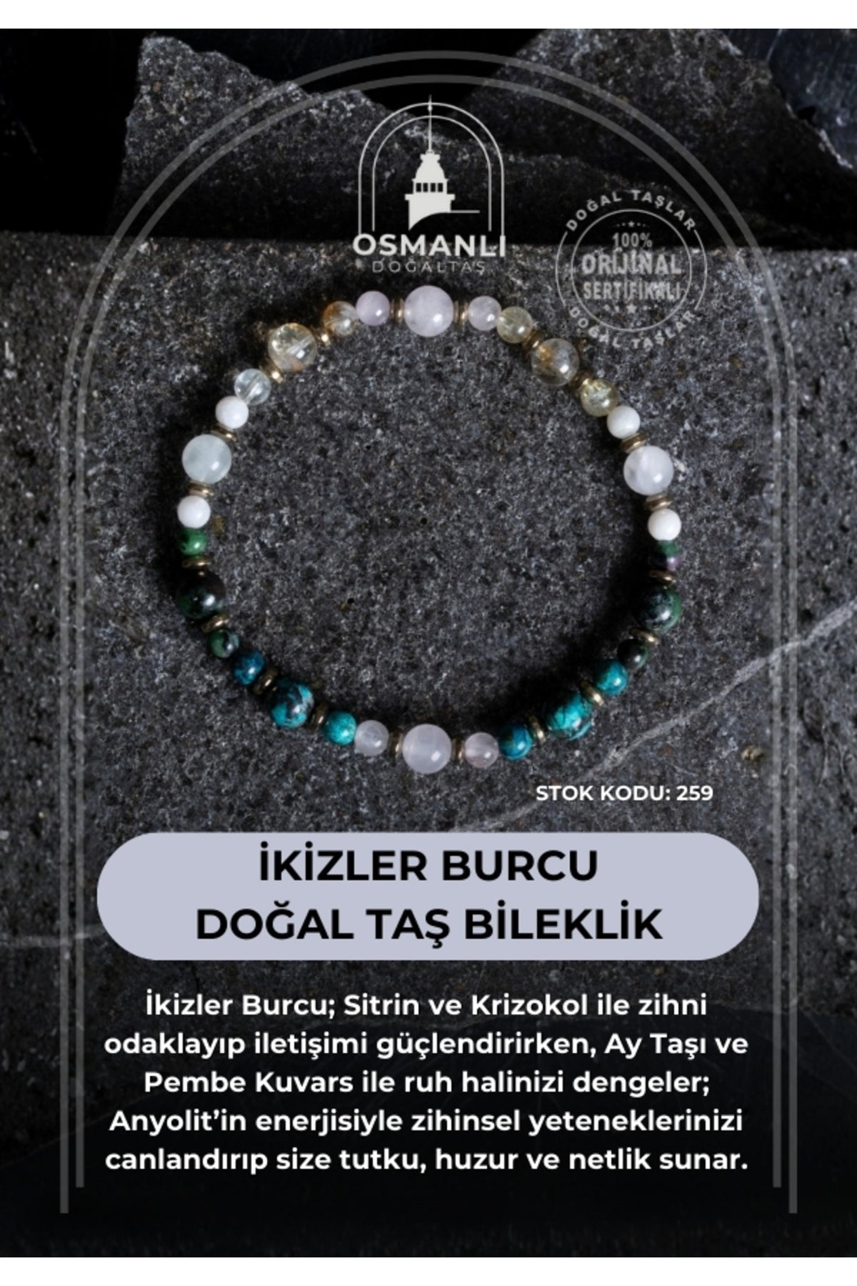 Sertifikalı İkizler Burcu Doğal Taş Bileklik (SK:259)