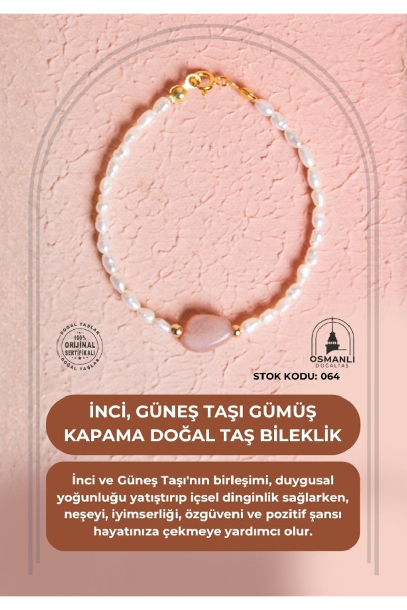 Sertifikalı İnci, Güneş Taşı Gümüş Kapama Doğal Taş Bileklik (SK:064)
