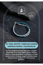 Sertifikalı Ay Taşı, Apatit, Turkuaz Gümüş Kapama Doğal Taş Bileklik