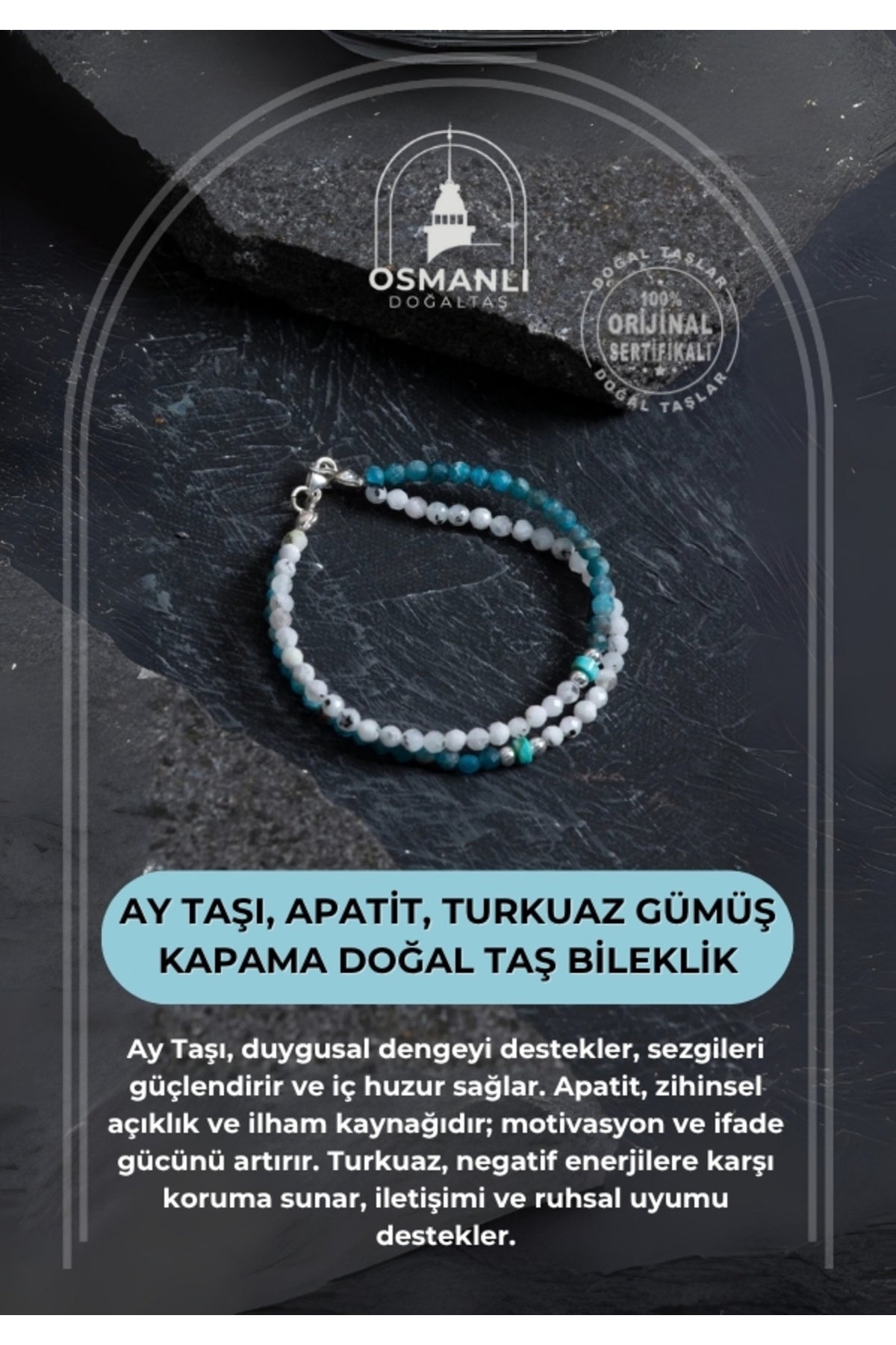 Sertifikalı Ay Taşı, Apatit, Turkuaz Gümüş Kapama Doğal Taş Bileklik