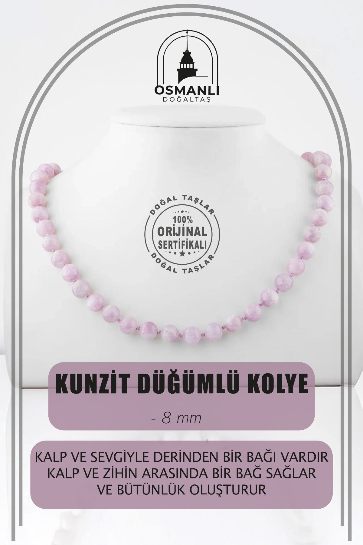 Kunzit 8 mm Düğümlü Doğal Taş Kolye