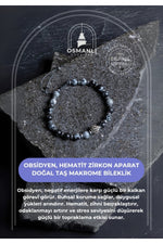 Sertifikalı Obsidyen, Hematit Zirkon Aparat Doğal Taş Makrome Bileklik