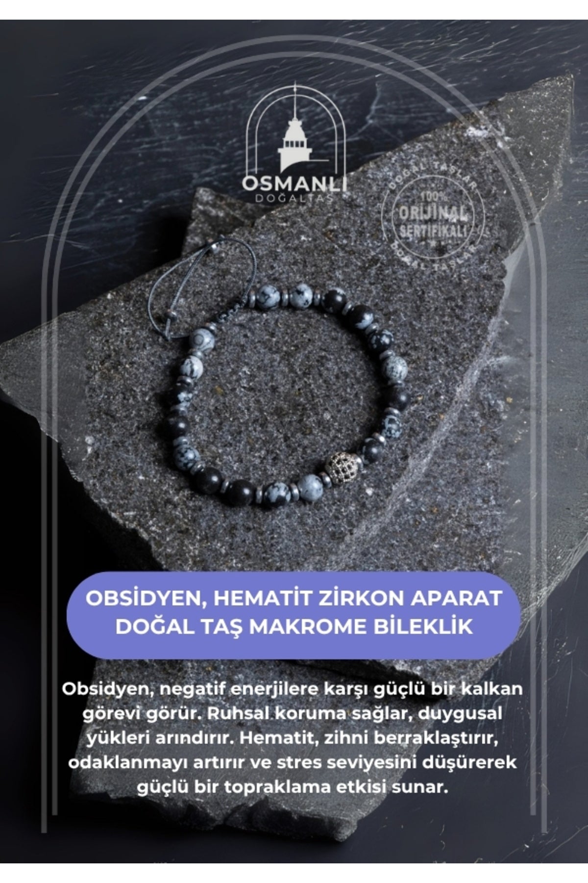 Sertifikalı Obsidyen, Hematit Zirkon Aparat Doğal Taş Makrome Bileklik