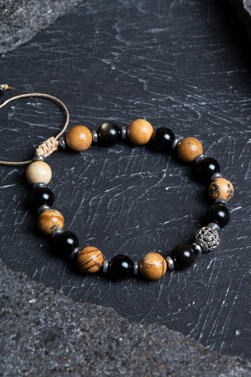 Sertifikalı Jasper, Obsidyen, Hematit Doğal Taş Makrome Bileklik