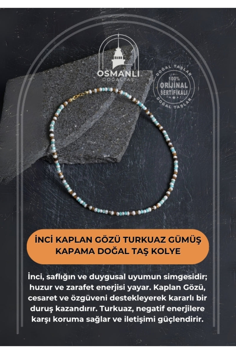 Sertifikalı İnci Kaplan Gözü Turkuaz Gümüş Kapama Doğal Taş Kolye