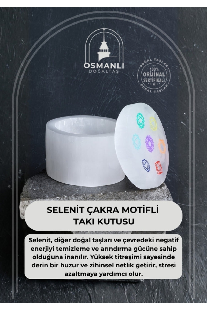 Sertifikalı Selenit Çakra Motifli  Yuvarlak Takı Kutusu