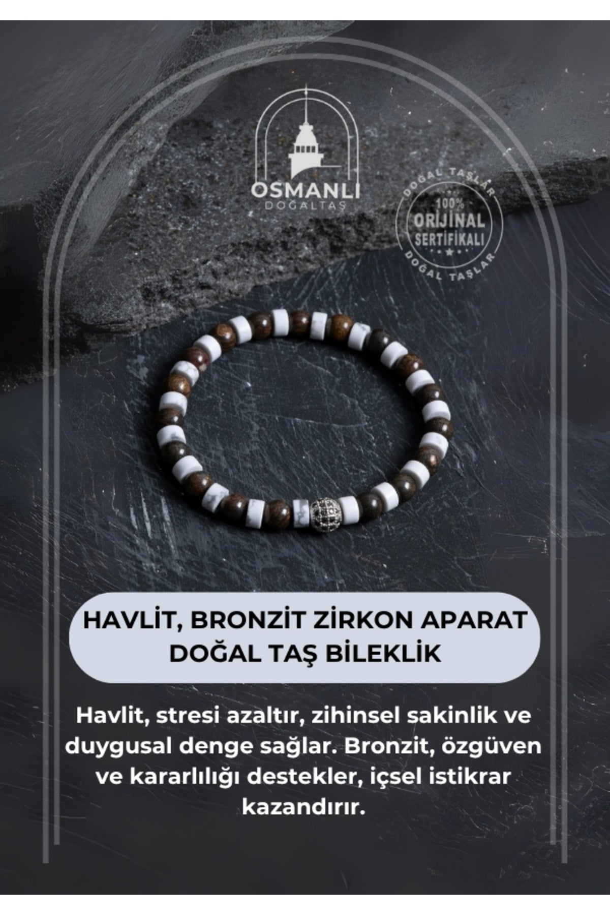 Sertifikalı Havlit, Bronzit Zirkon Aparat Doğal Taş Bileklik