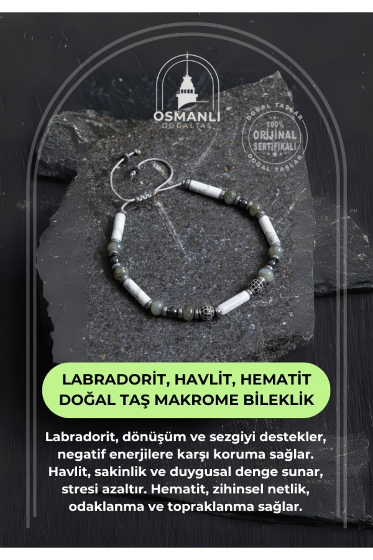 Sertifikalı Labradorit, Havlit, Hematit Doğal Taş Makrome Bileklik