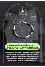 Sertifikalı Labradorit, Havlit, Hematit Doğal Taş Makrome Bileklik