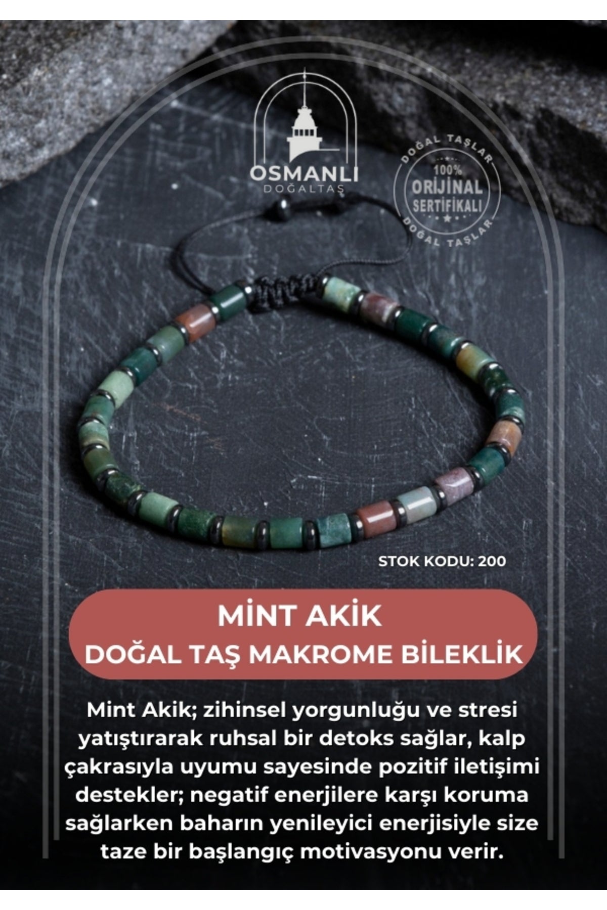 Sertifikalı Mint Akik Doğal Taş Makrome Bileklik (SK:207)