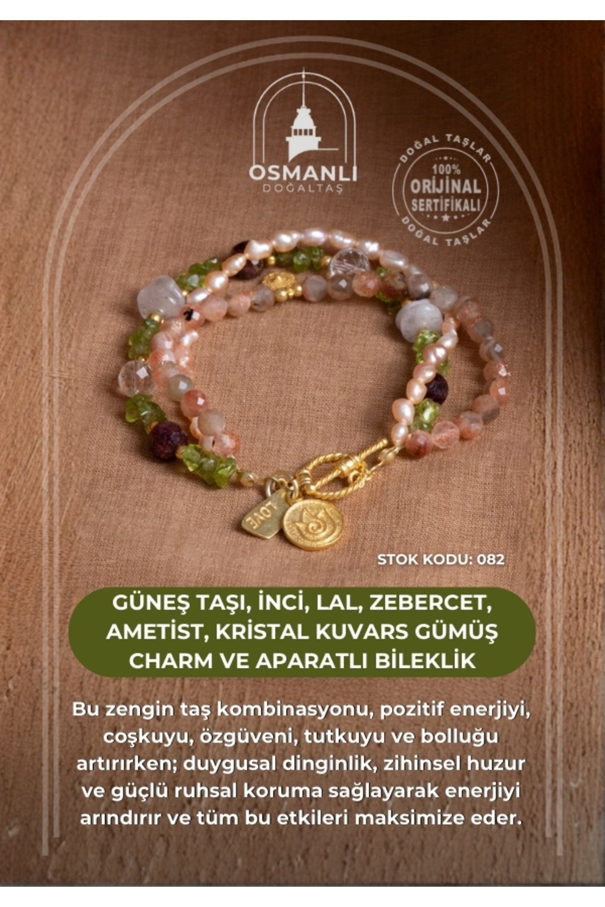 Sertifikalı Güneş Taşı, İnci, Lal, Zebercet, Ametist, Kristal Kuvars Gümüş Charm ve Aparatlı Bileklik (SK:082)