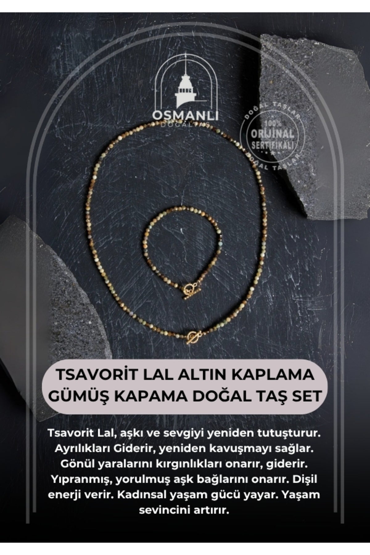 Sertifikalı Tsavorit Lal Altın Kaplama Gümüş Kapama Doğal Taş Set