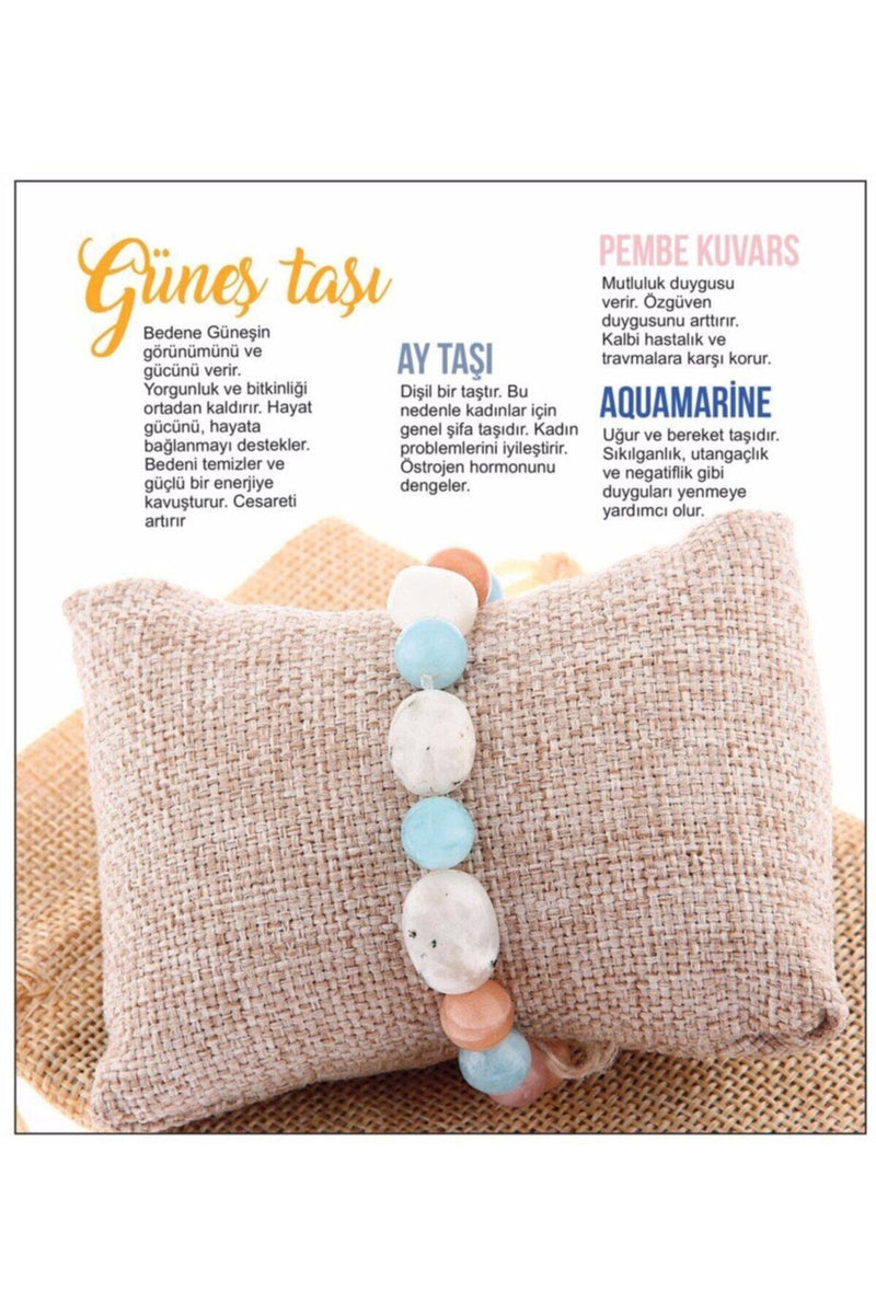 Sertifikalı Akuamarin, Doğal Taş Bileklik Güneş Taşı Ay Taşı Pembe Kuvars Aquamarine