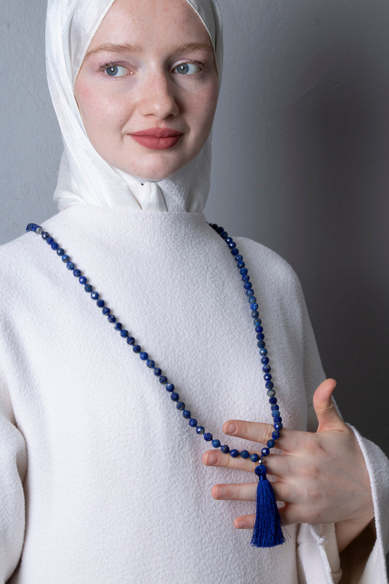Sertifikalı Lapis Lazuli Elmas Kesim Fasetli Doğal Taş Tesbih Kolye 99luk - 8mm (SK:287)