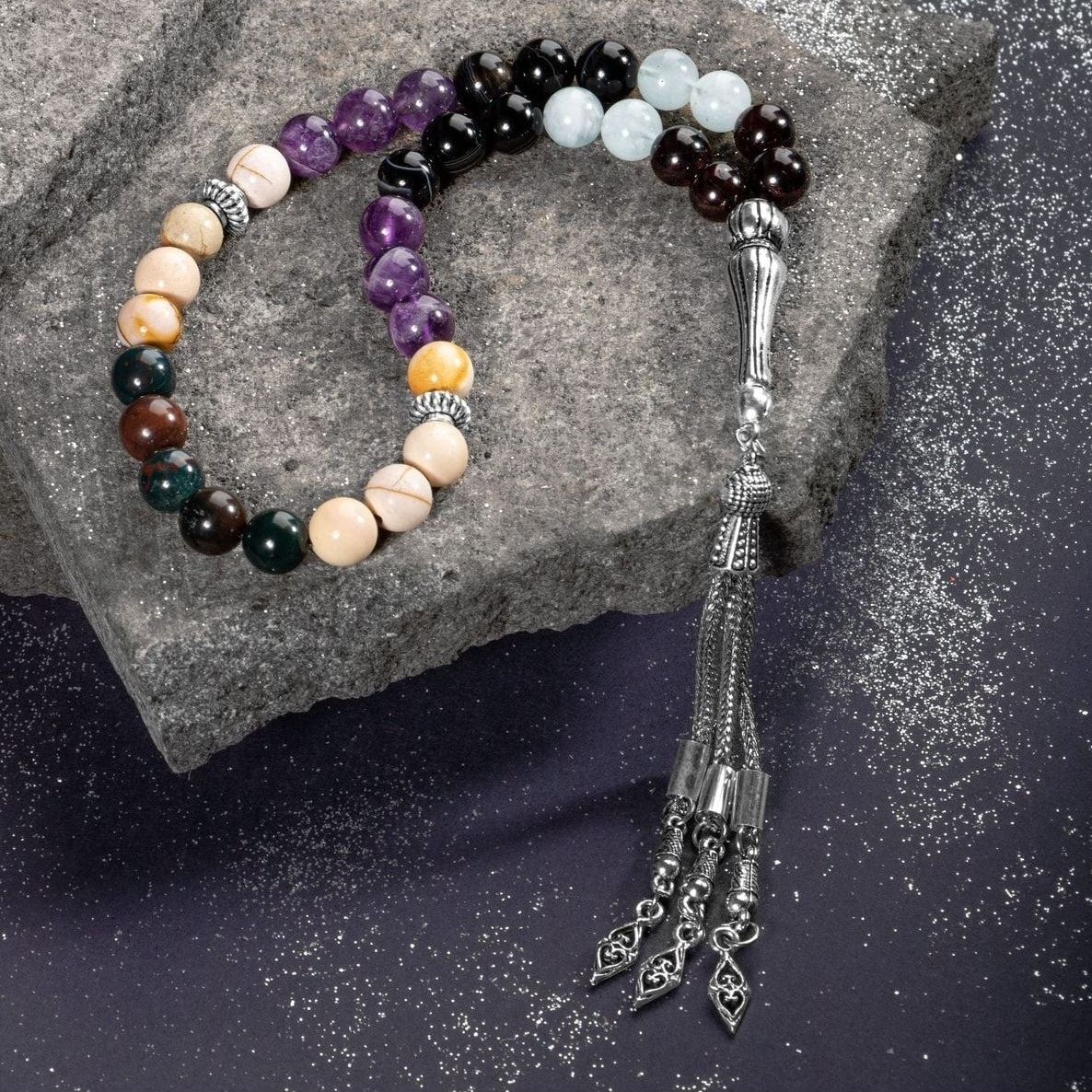 Koç Burcu Tesbih Akuamarin, Ametist, Bordo Granat Lal, Kan Taşı, Sarı Jasper, Siyah Göz Akik
