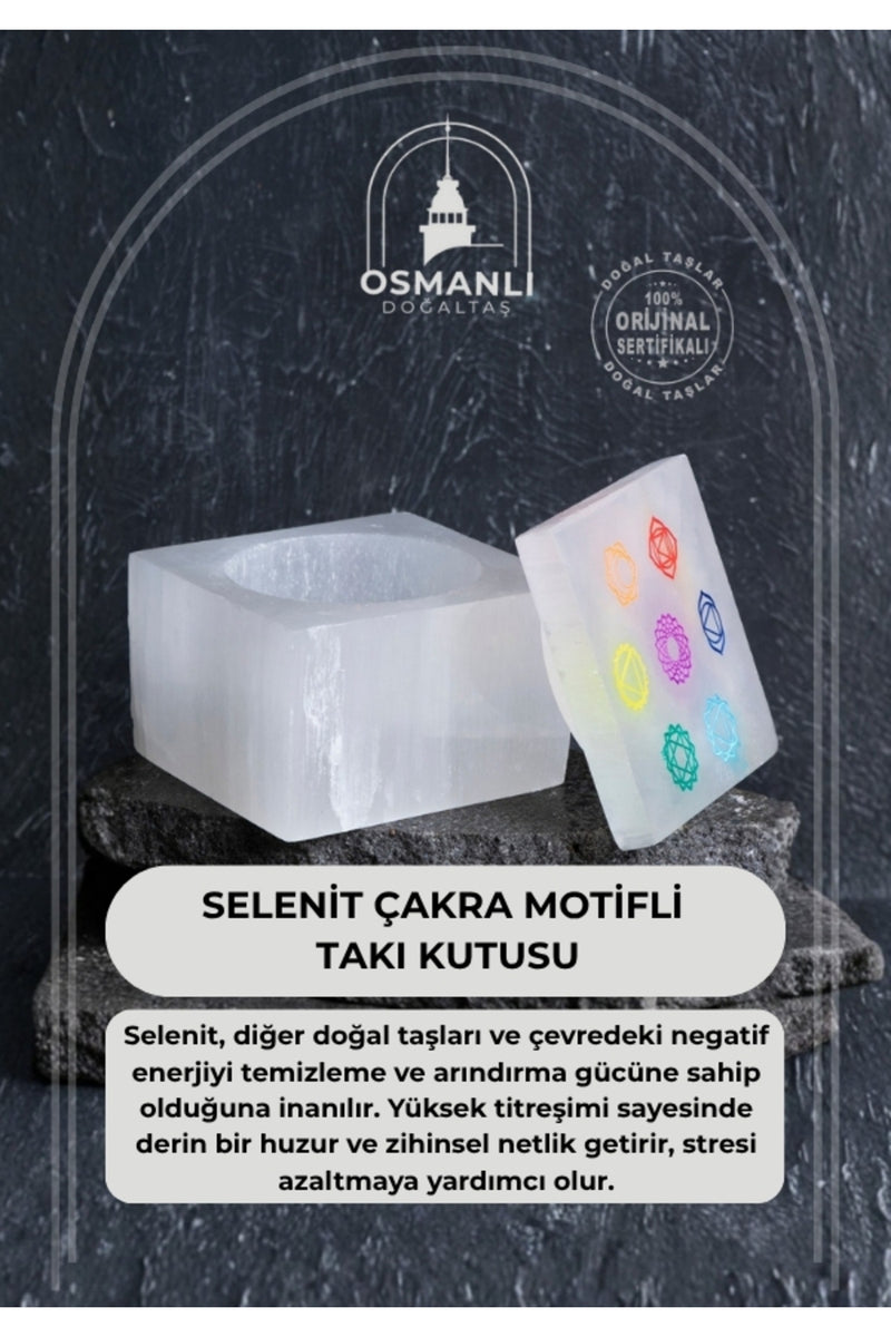 Sertifikalı Selenit Çakra Motifli  Takı Kutusu