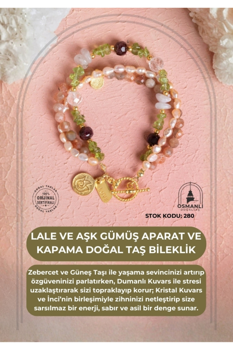 Sertifikalı Lale ve Aşk Charmlı Gümüş Aparat ve Kapama Doğal Taş Bileklik (SK:280)