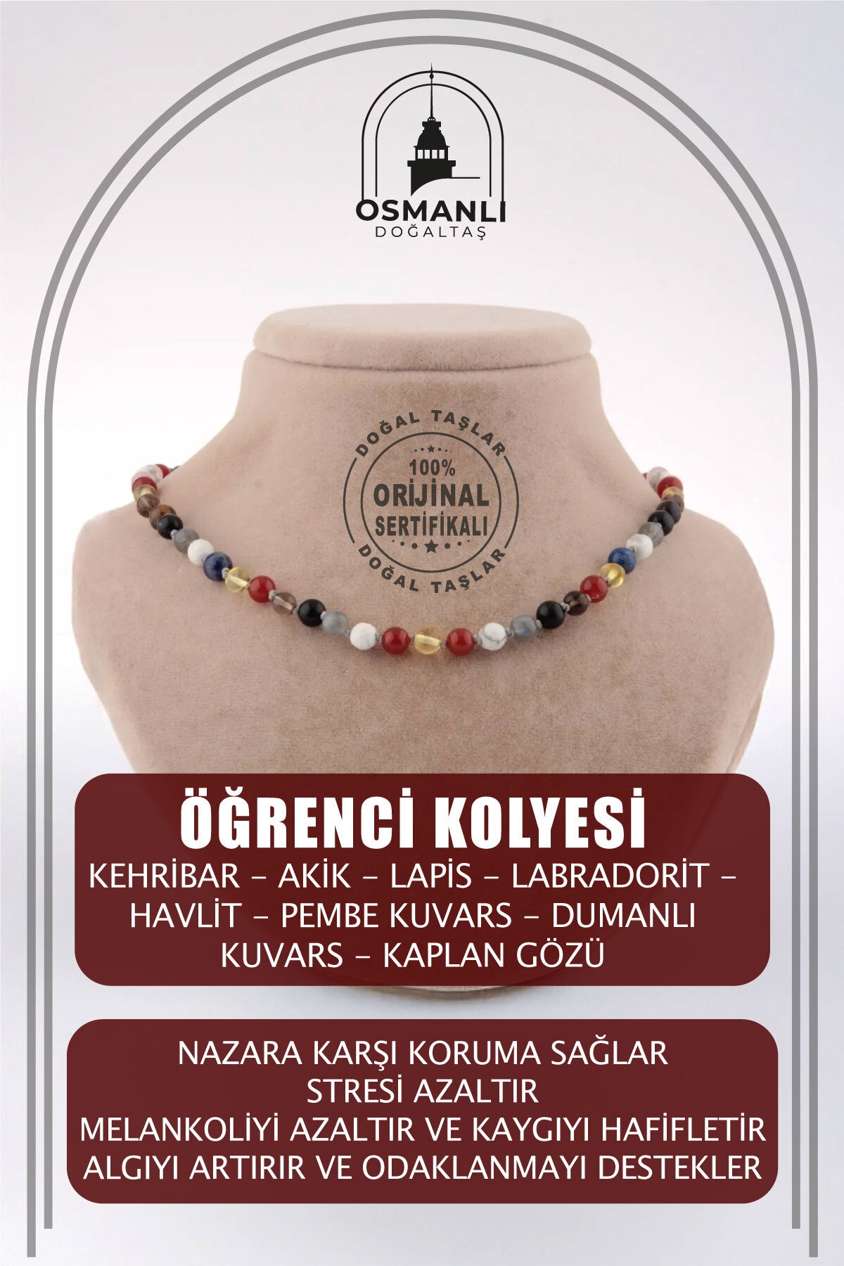 Öğrenci Kolyesi (KEHRİBAR, AKİK,LAPİS, LABRADORİT, HAVLİT,PEMBE KUVARS,DUMANLI KUVARS,KAPLAN GÖZÜ)