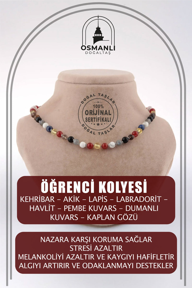 Öğrenci Kolyesi (KEHRİBAR, AKİK,LAPİS, LABRADORİT, HAVLİT,PEMBE KUVARS,DUMANLI KUVARS,KAPLAN GÖZÜ)