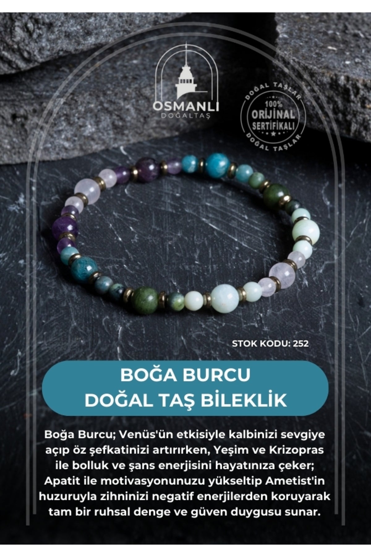 Sertifikalı Boğa Burcu Doğal Taş Bileklik (SK:252)
