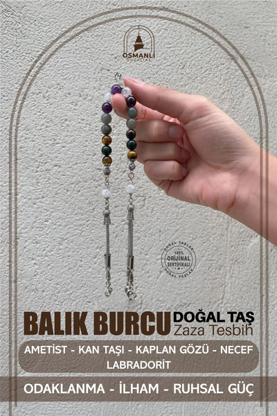 Balık Burcu Zaza Tesbih Doğal Taş Ametist, Kan Taşı, Kaplan Gözü, Labradorit, Necef