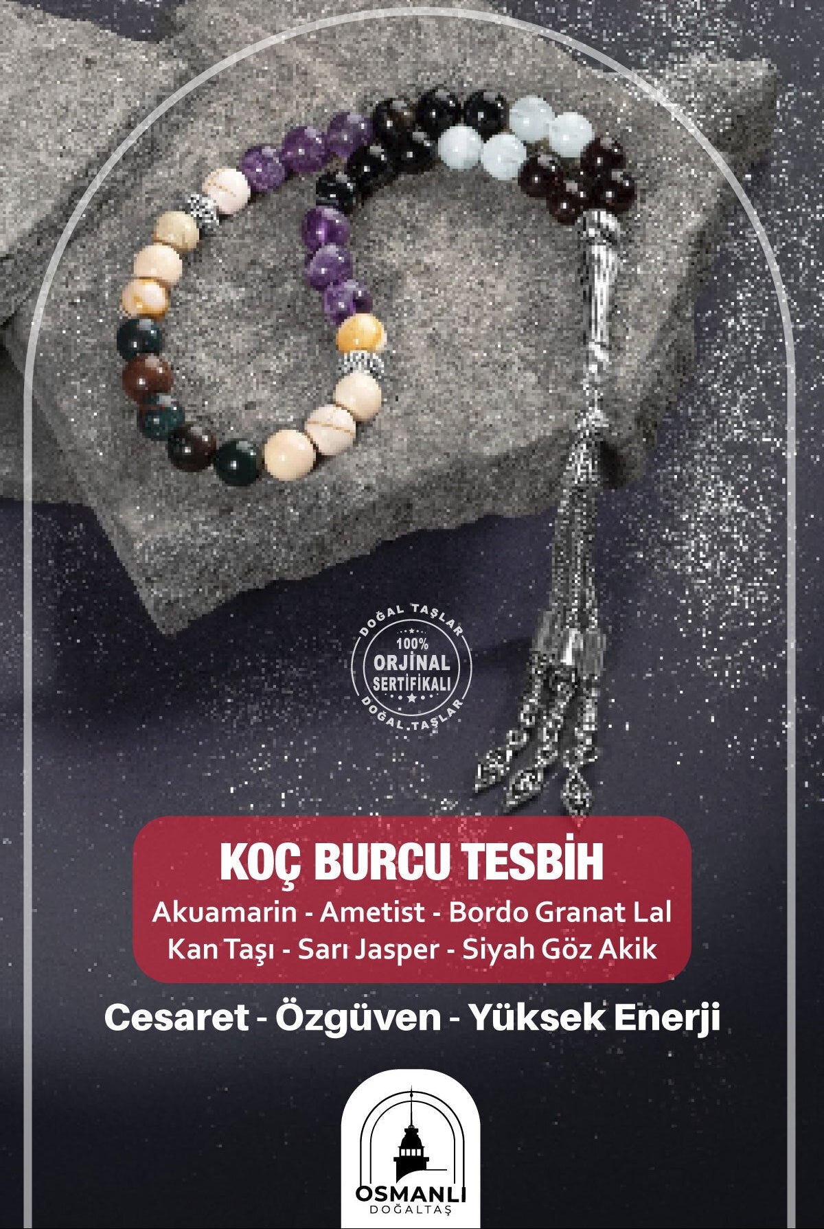 Koç Burcu Tesbih Akuamarin, Ametist, Bordo Granat Lal, Kan Taşı, Sarı Jasper, Siyah Göz Akik
