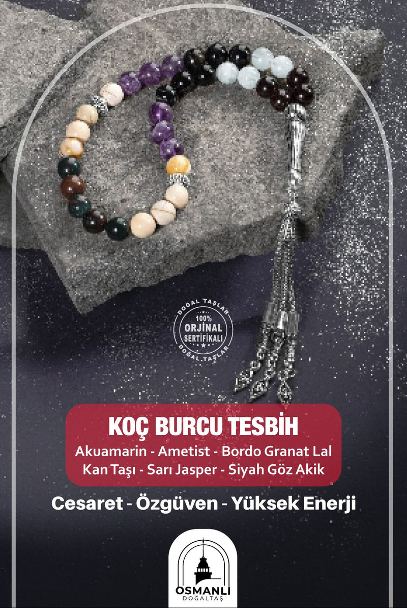 Koç Burcu Tesbih Akuamarin, Ametist, Bordo Granat Lal, Kan Taşı, Sarı Jasper, Siyah Göz Akik