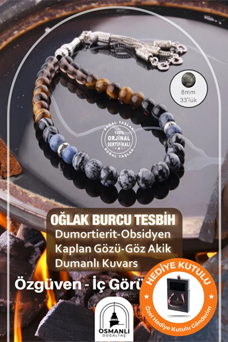 Orijinal & Sertifikalı Oğlak Burcu Doğal Taş El Yapımı Özel Kutulu Hediyelik Erkek Tesbih 33lük 8mm