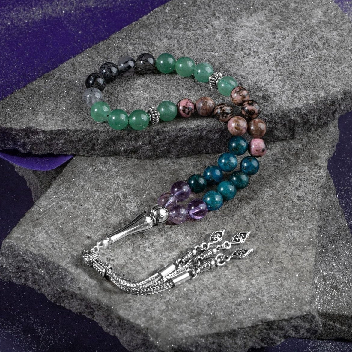 Boğa Burcu Tesbih Ametrin, Mavi Apatit, Rodonit, Rutilli Kuvars, Yeşil Aventurin