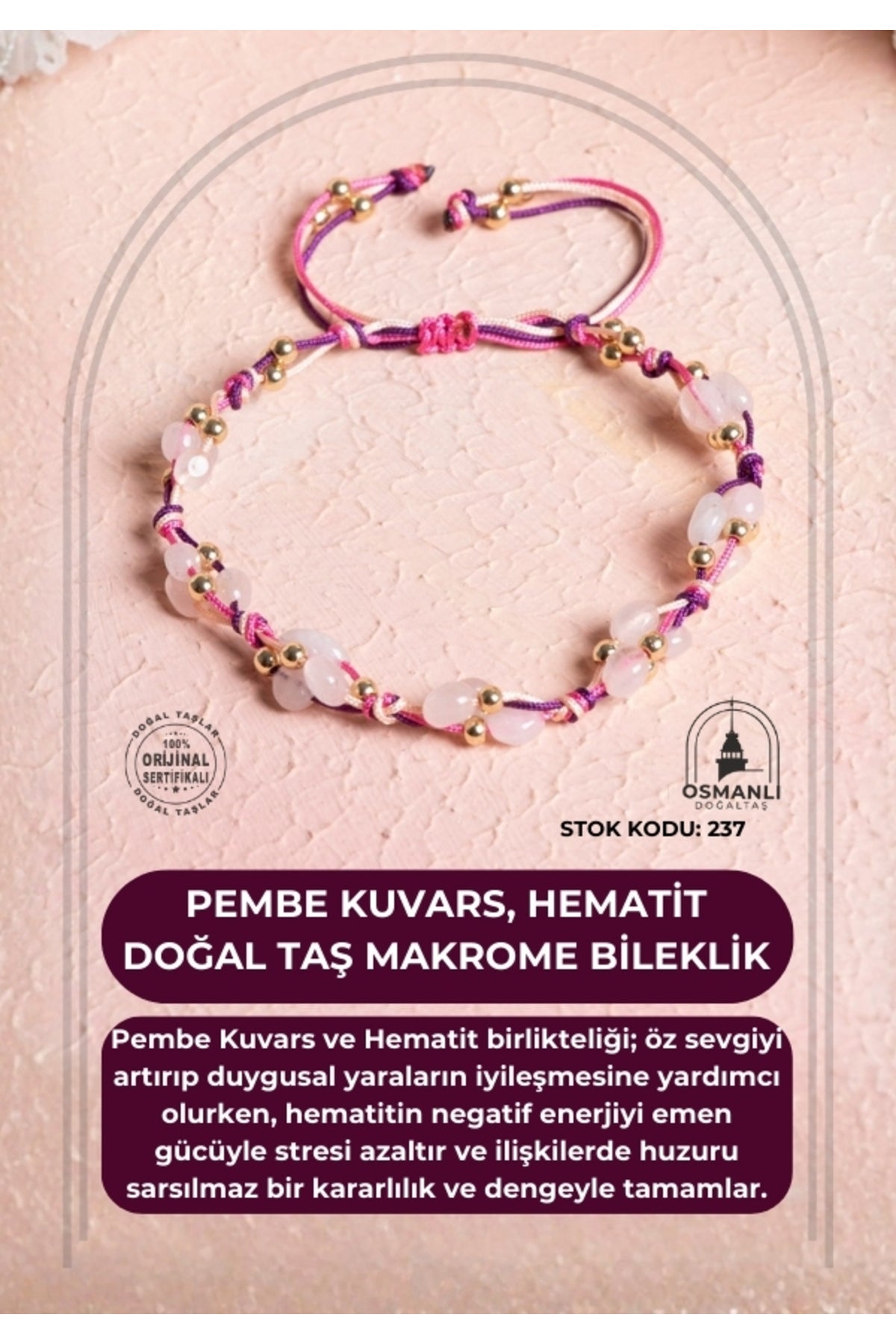 Sertifikalı Pembe Kuvars, Hematit Doğal Taş Makrome Bileklik (SK:237)