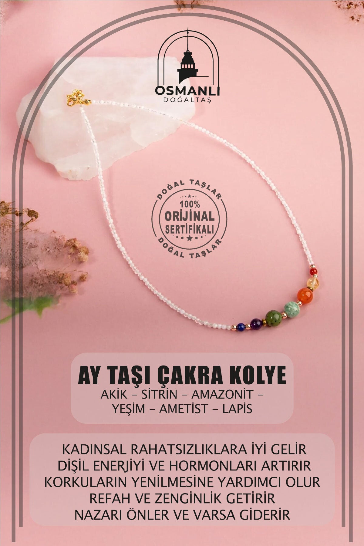 Ay Taşı Çakra Doğal Taş Kolye - Akik, Sitrin, Amazonit, Yeşim, Ametist, Lapis