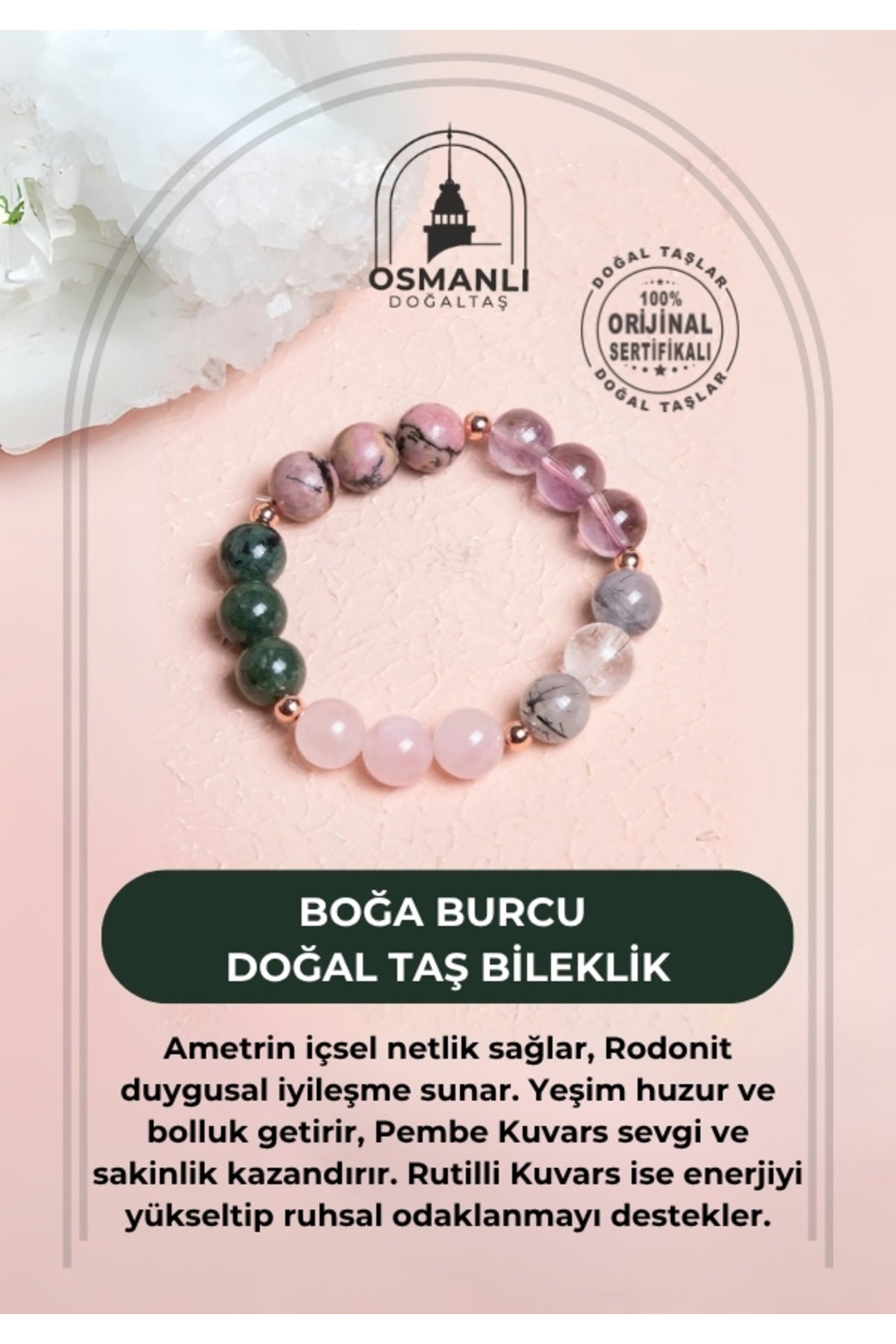 Sertifikalı Boğa Burcu Doğal Taş Bileklik