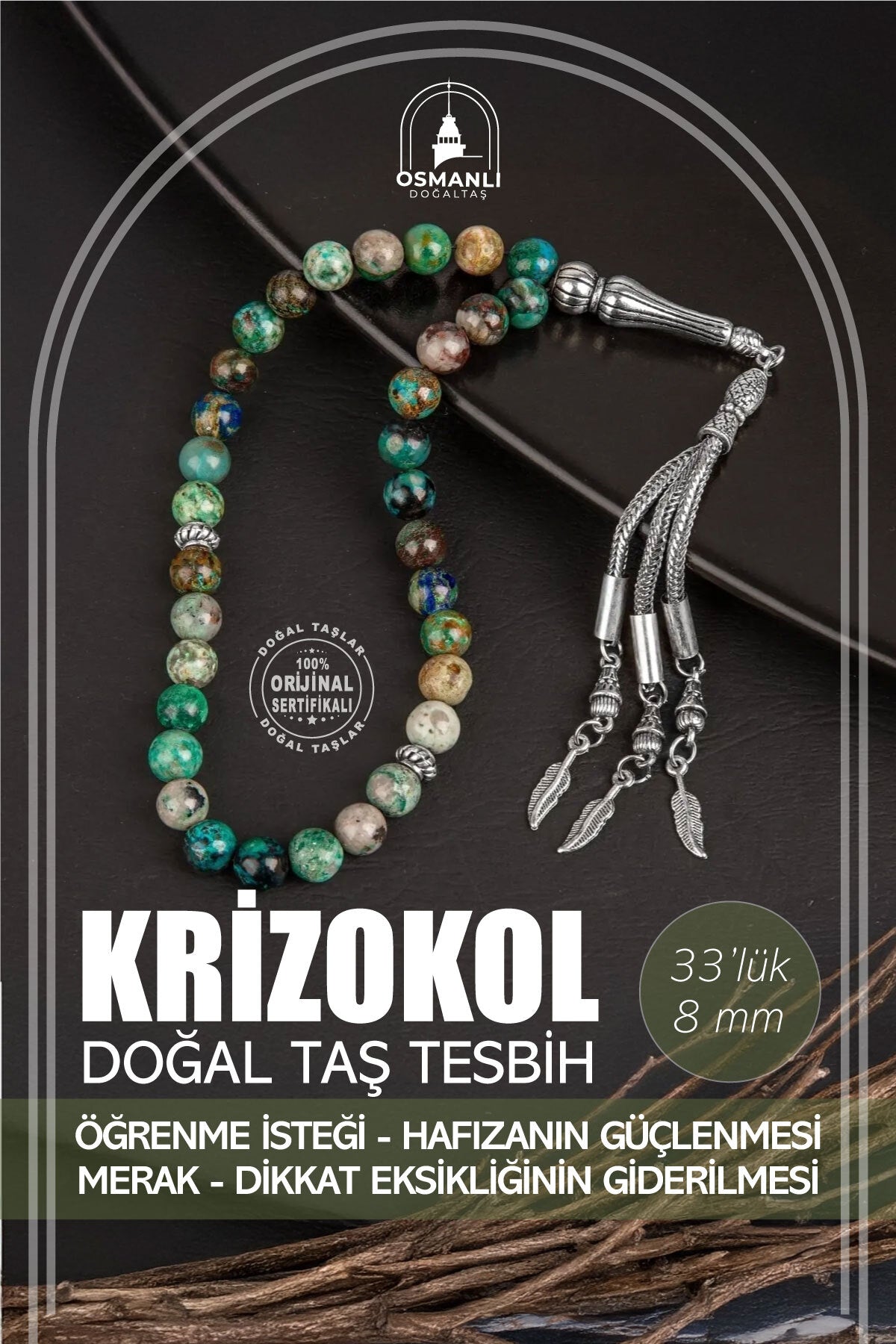 Krizokol Doğal Taş Tesbih 33lük - 8mm