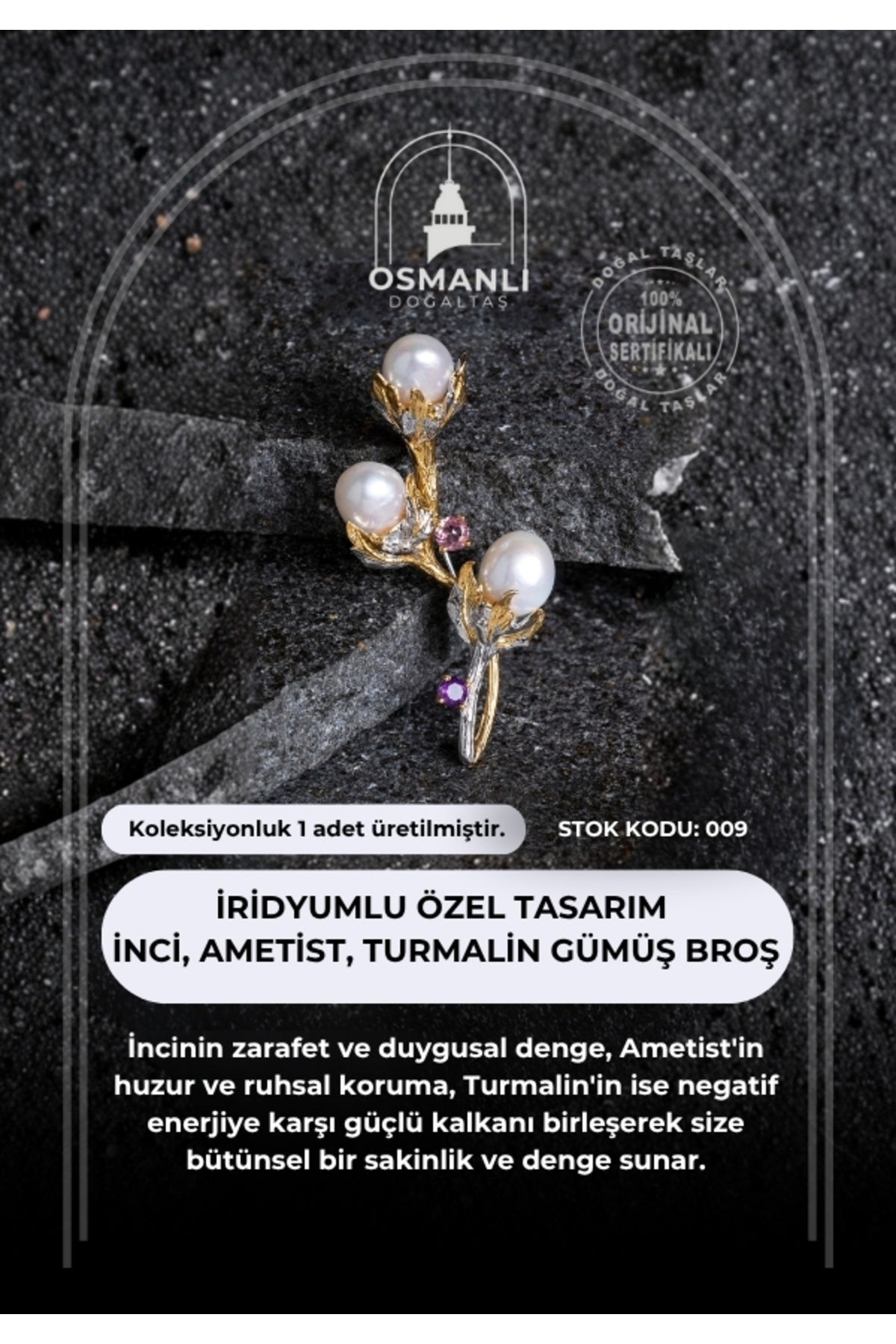 Sertifikalı İridyumlu İnci, Ametist, Turmalin Özel Tasarım Gümüş Broş (SK:009)