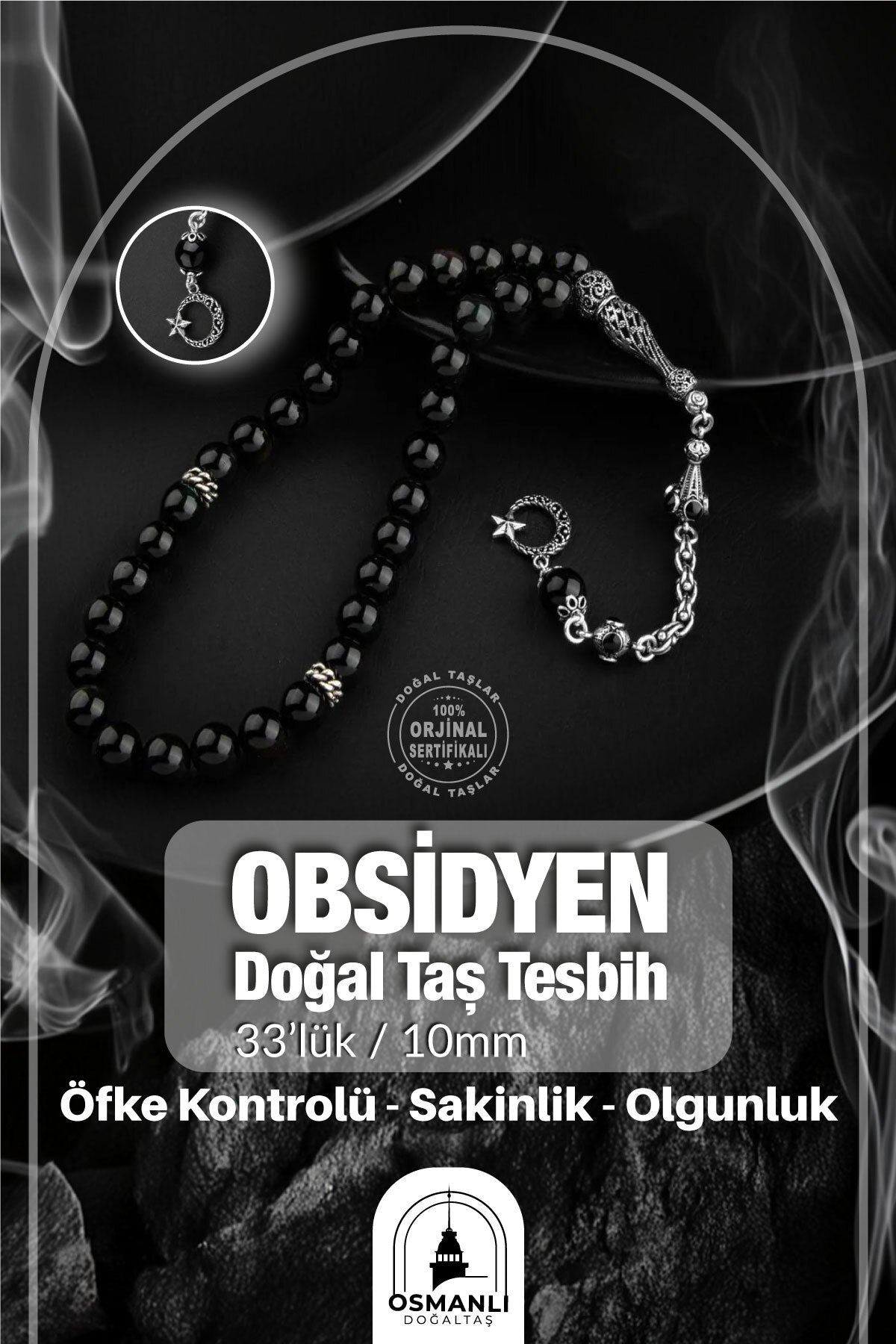 Obsidyen Doğal Taş 8mm Gümüş İmameli Tesbih