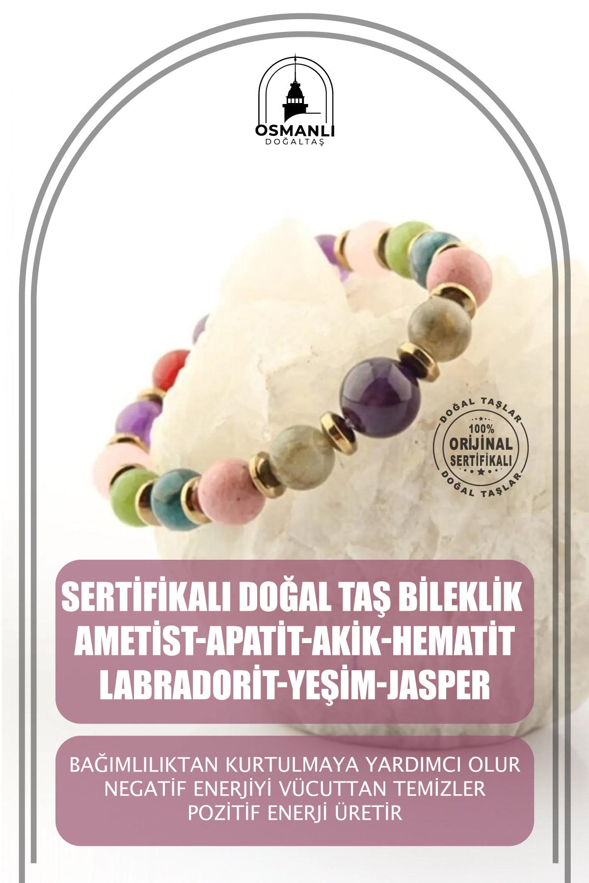 Kadın Gerçek Doğal Taş Ametist Apatit Akik Hematit Labradorit Yeşim Jasper Hediyelik Kutulu Bileklik