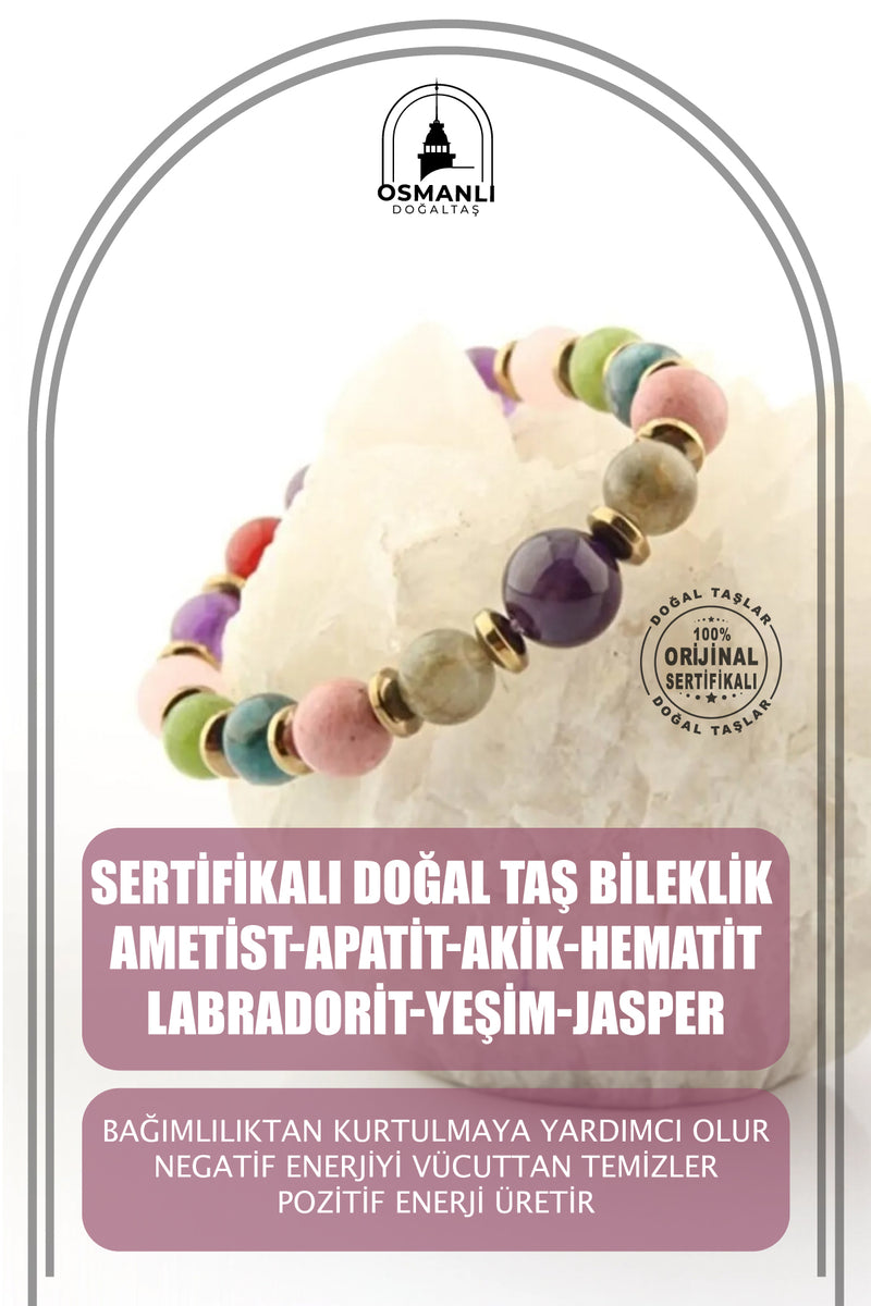 Kadın Gerçek Doğal Taş Ametist Apatit Akik Hematit Labradorit Yeşim Jasper Hediyelik Kutulu Bileklik