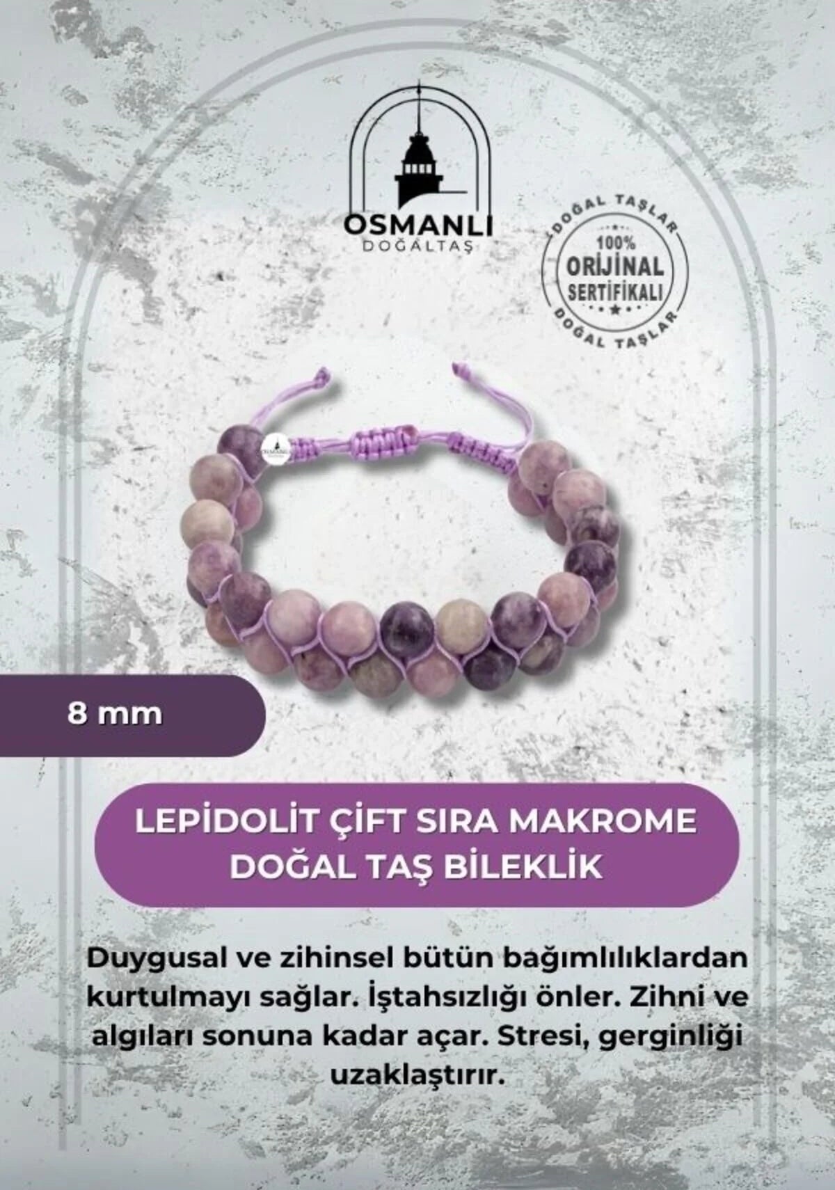 Lepidolit 8mm Çift Sıra Makrome Doğal Taş Bileklik