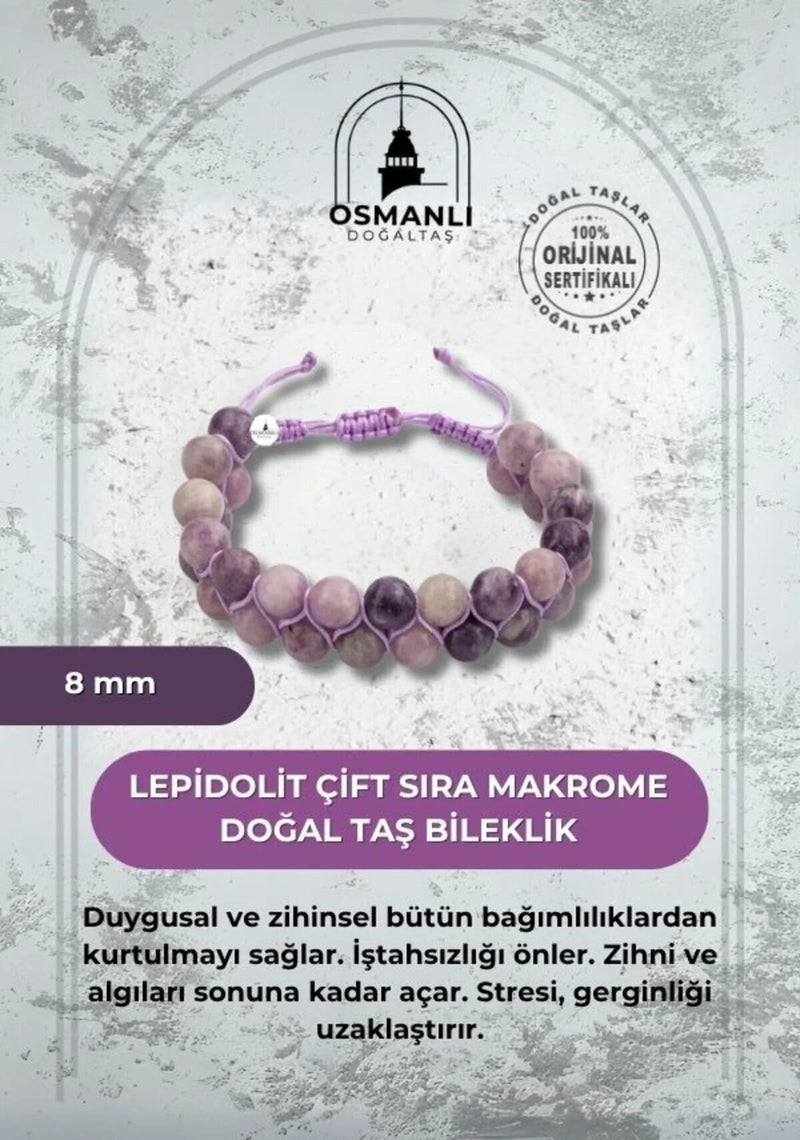 Lepidolit 8mm Çift Sıra Makrome Doğal Taş Bileklik
