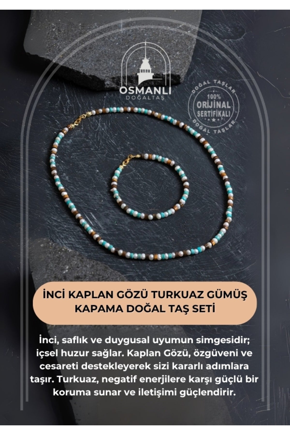 Sertifikalı İnci Kaplan Gözü Turkuaz Gümüş Kapama Doğal Taş Seti