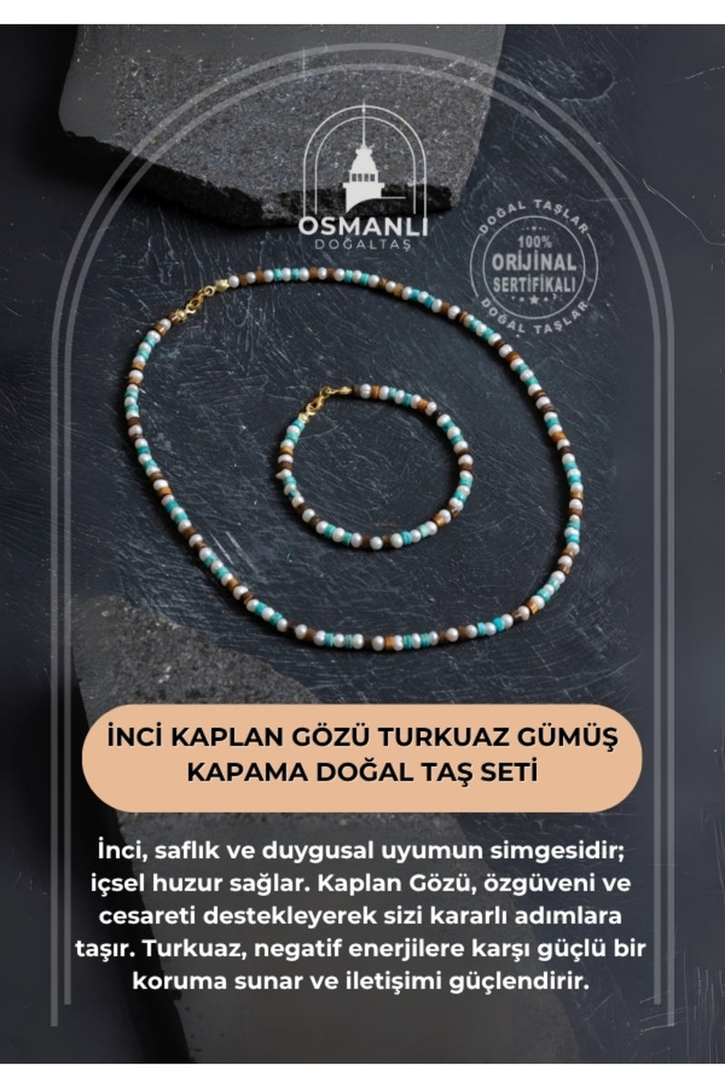 Sertifikalı İnci Kaplan Gözü Turkuaz Gümüş Kapama Doğal Taş Seti
