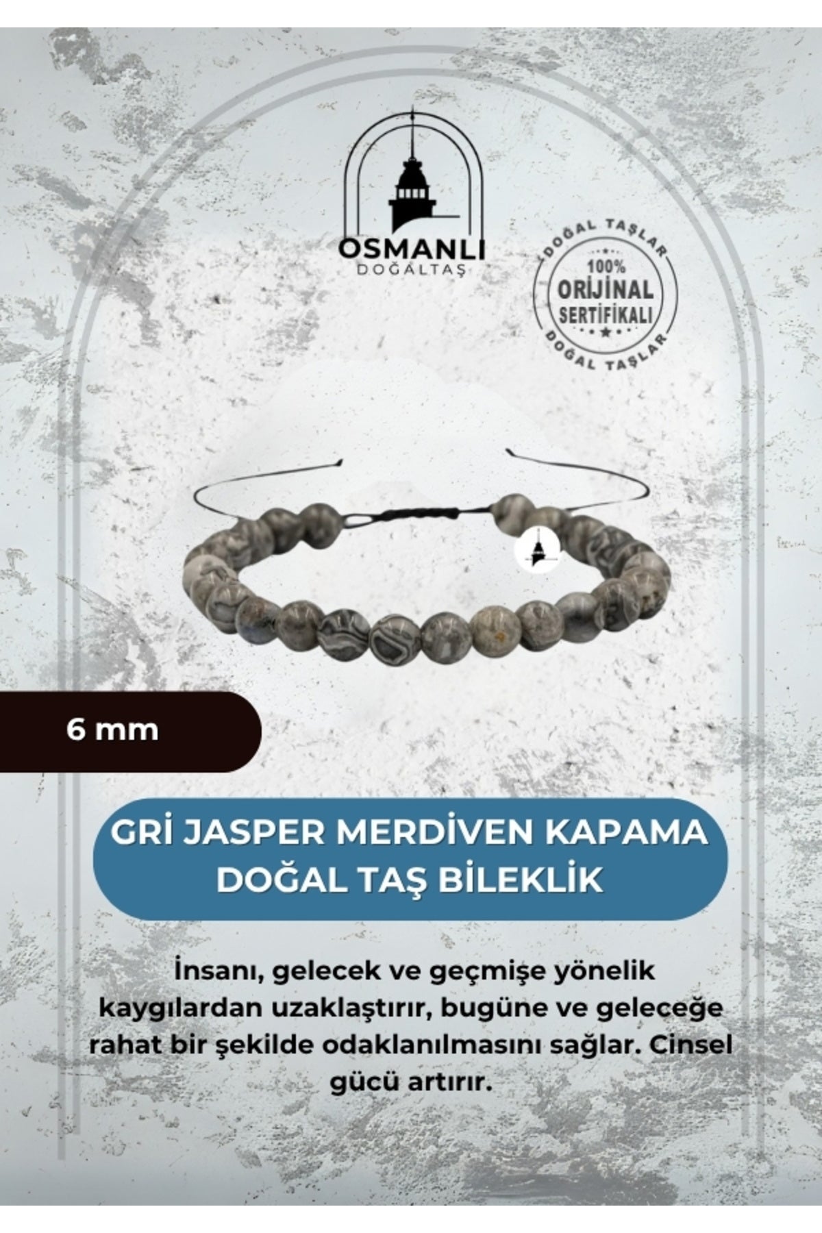 Gri Jasper 6mm Merdiven Kapama Doğal Taş Bileklik