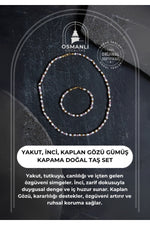 Sertifikalı Yakut, İnci, Kaplan Gözü Gümüş Kapama Doğal Taş Set