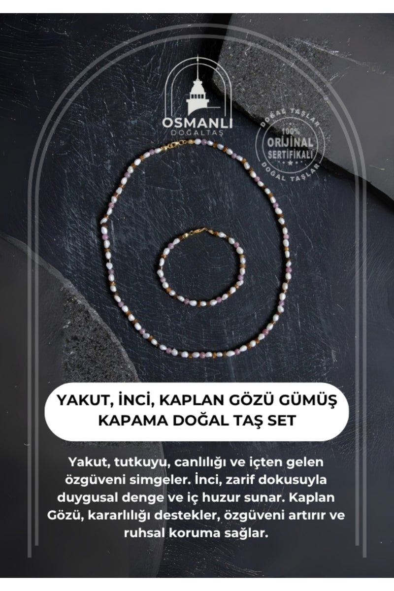 Sertifikalı Yakut, İnci, Kaplan Gözü Gümüş Kapama Doğal Taş Set